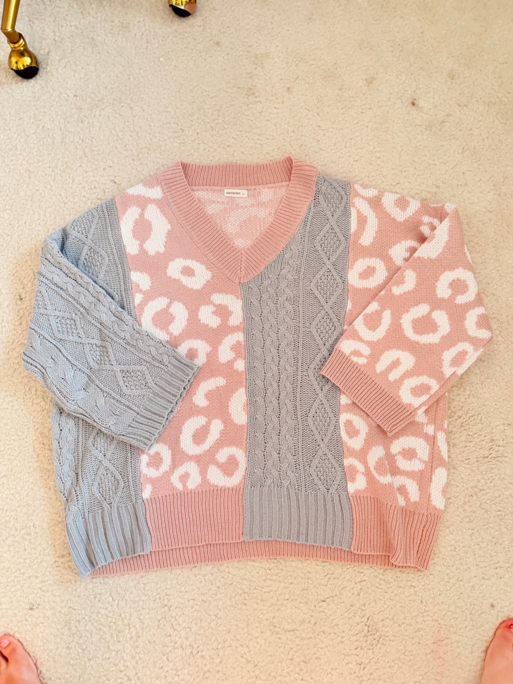 Sweater from boutique with pink cheetah and grey sweater textured panels